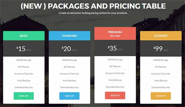 Zelle Pro - Pricing Tables Section