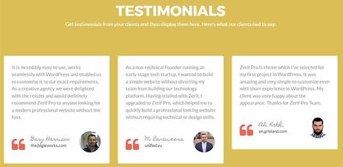 Testimonials Section in Zelle Pro theme