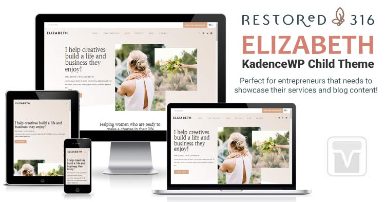 Download Restored316Designs - Elizabeth Kadence WP Child Theme for for entrepreneur who likes a modern layout to display their services, products and blog content.