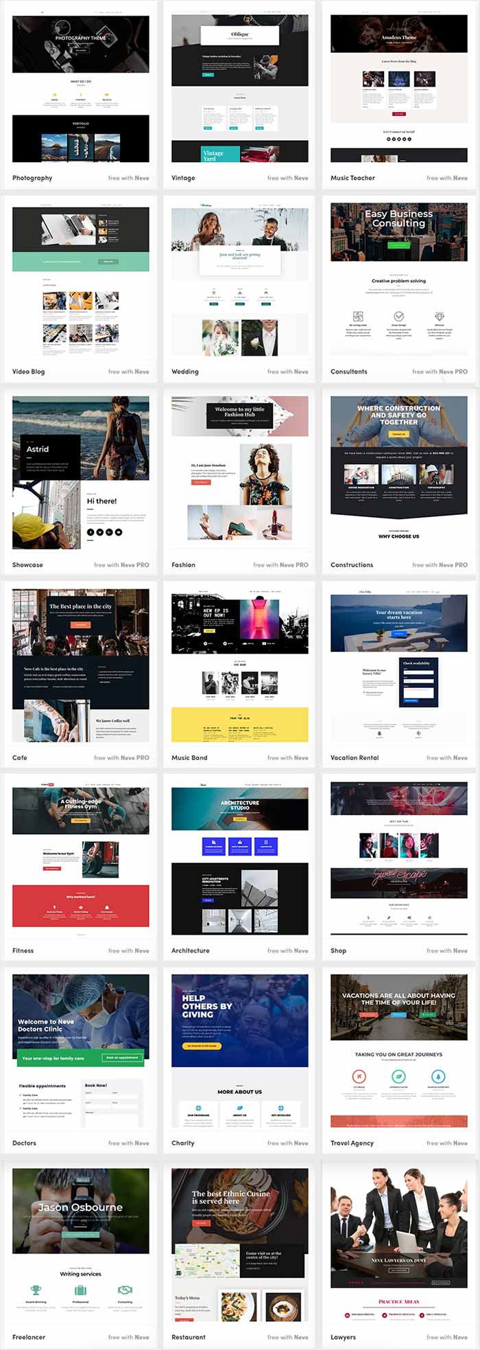 Neve Pro theme - Neve Starter Sites Demos for different niche websites